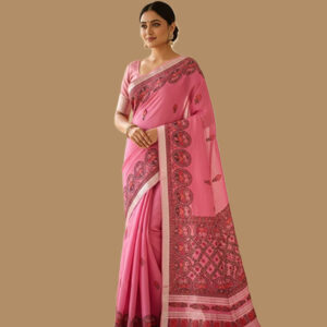 Handloom Pink Tussar Silk Saree with Hand-Painted Mithila Border