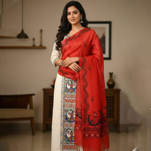 Women’s Lightweight Khadi Cotton Kurta Set with Hand-Painted Madhubani Dupatta